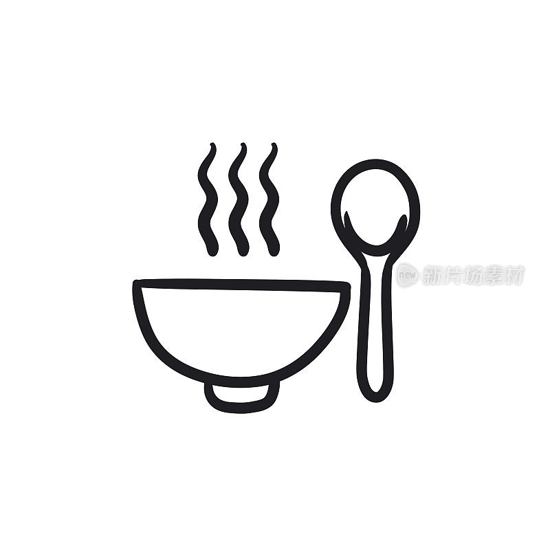 Bowl of hot soup with spoon sketch icon